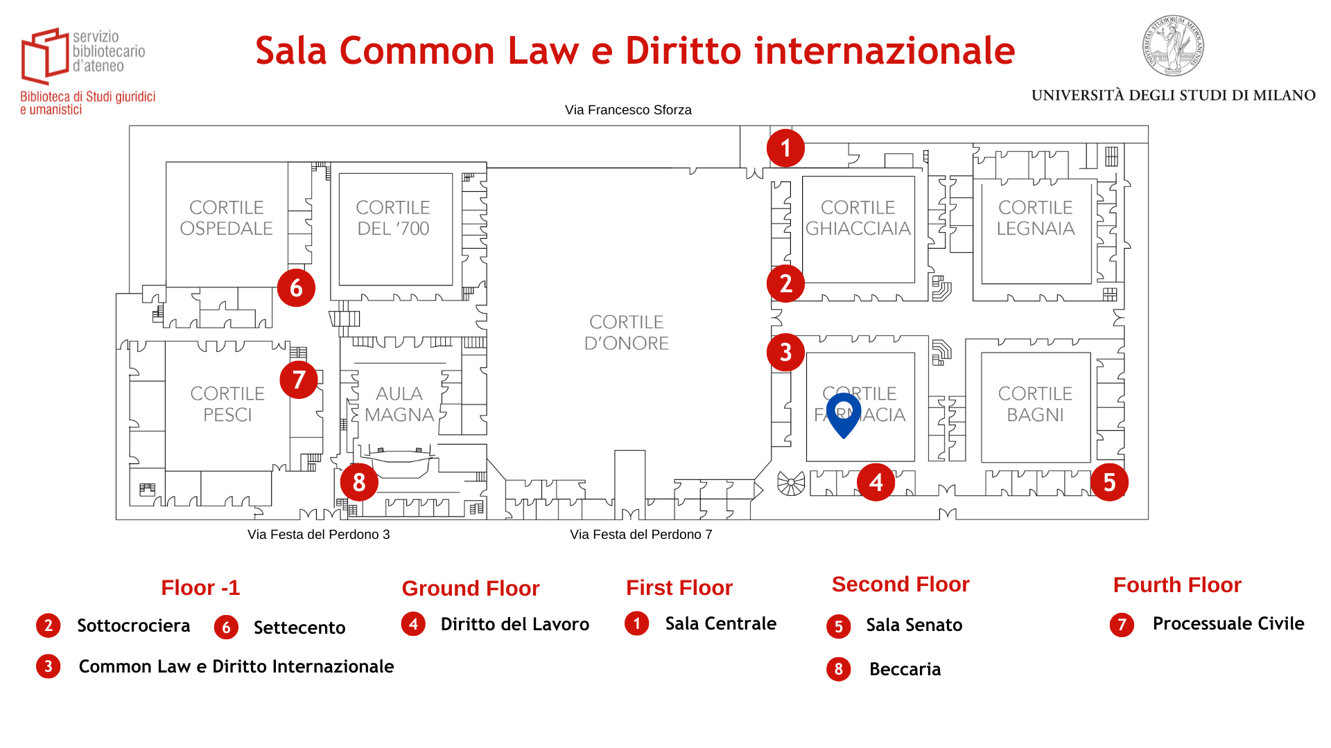 Posizionamento delle sala Diritto del Lavoro della Biblioteca di studi giuridici