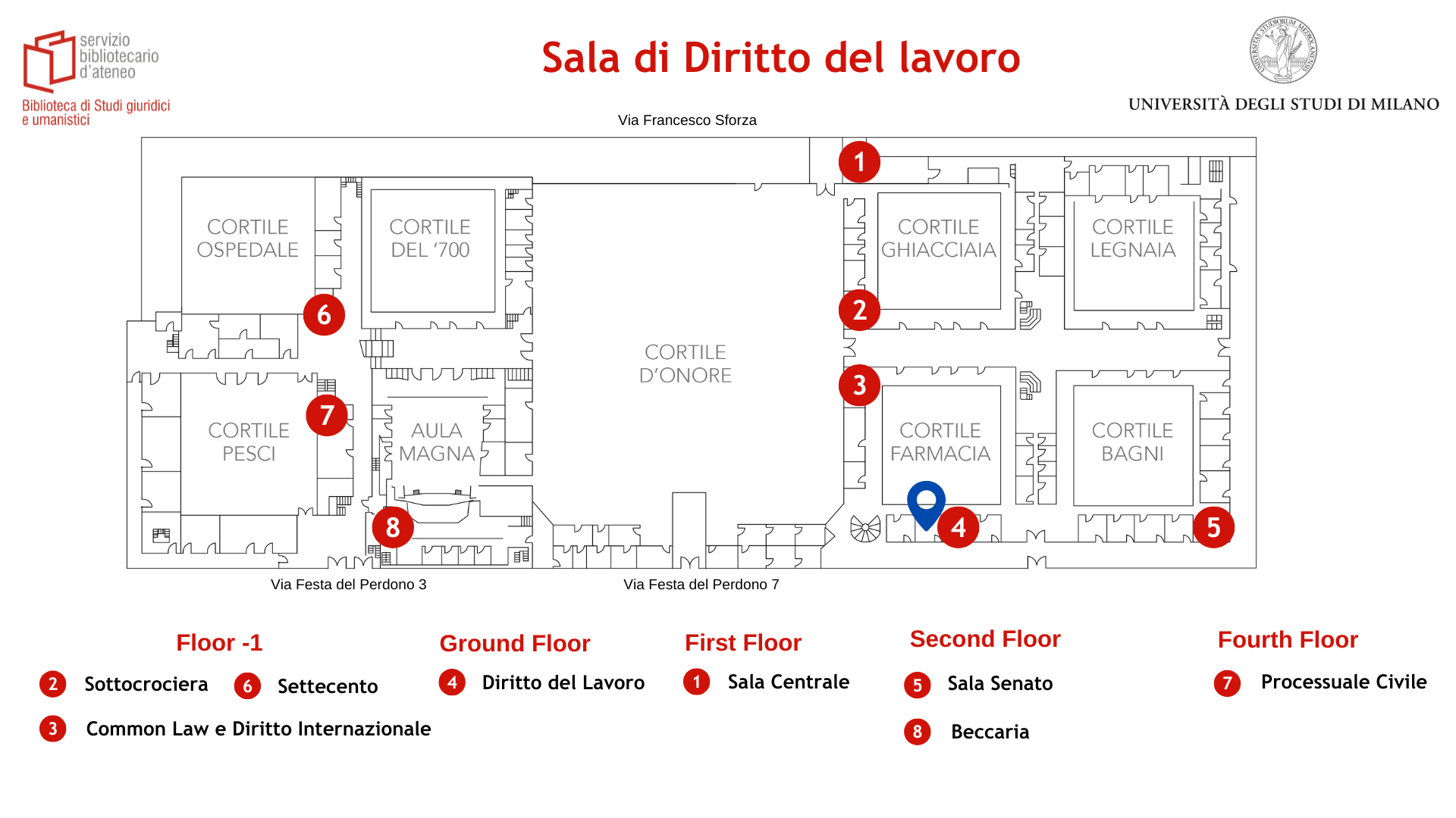 Posizionamento delle sala Diritto del Lavoro della Biblioteca di studi giuridici