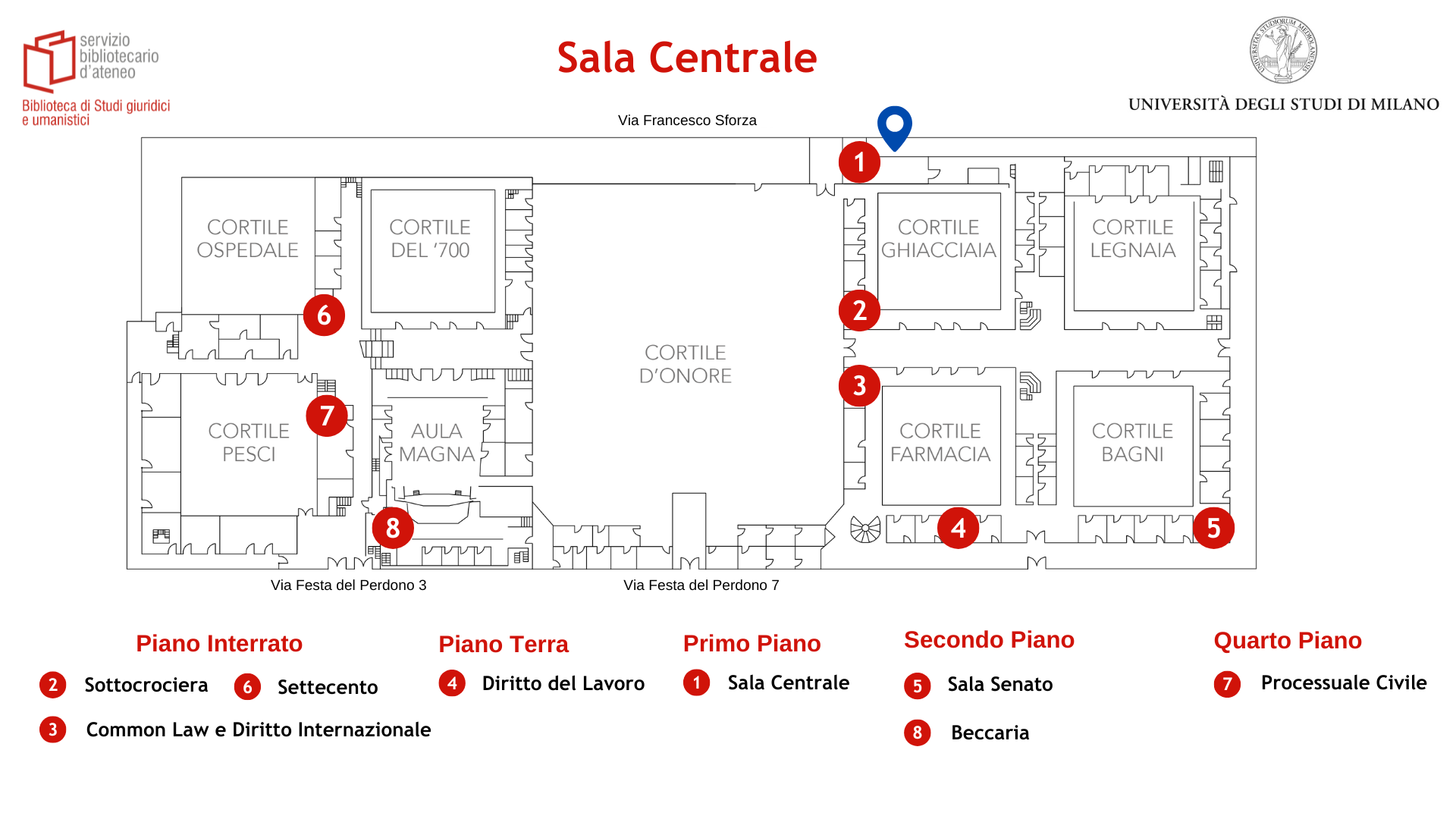 Posizionamento delle sala Centrale della Biblioteca di studi giuridici