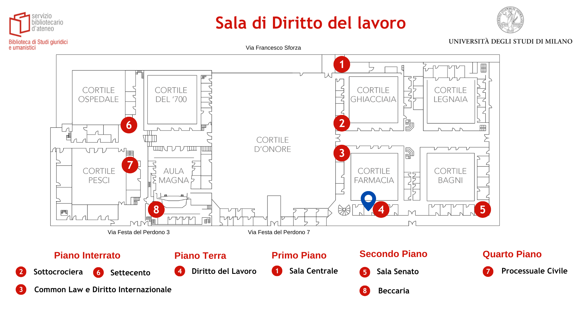 Posizionamento delle sala Diritto del Lavoro della Biblioteca di studi giuridici